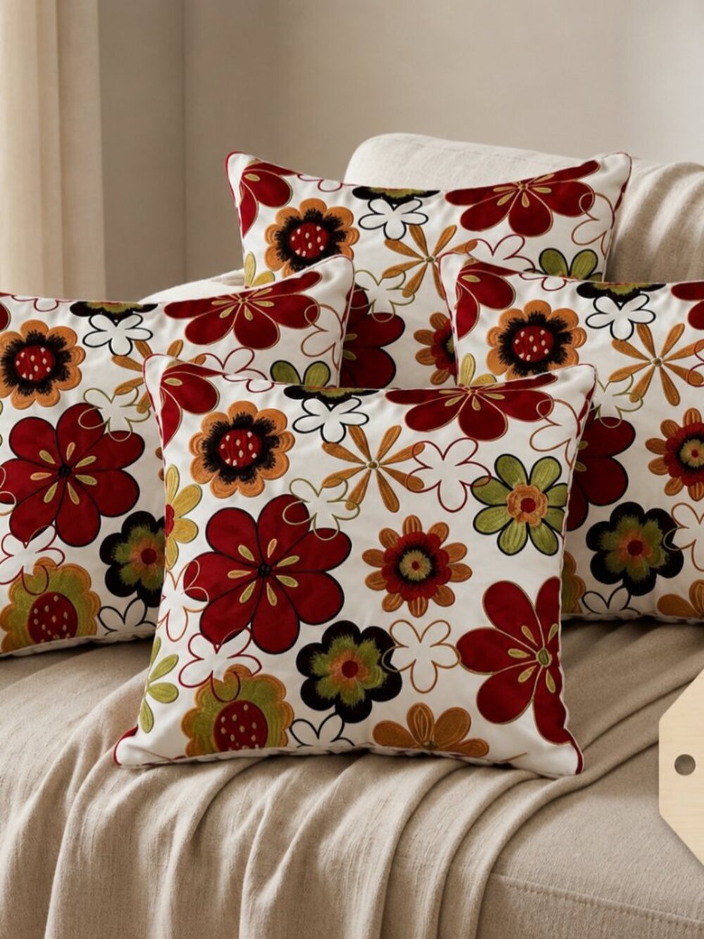 Pier 1 Imports Set of 4 Boho Floral Decorative Throw Pillows Embroidered Orange